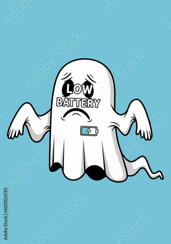 Sad ghost with low battery symbol and text indicating exhaustion on a light blue background