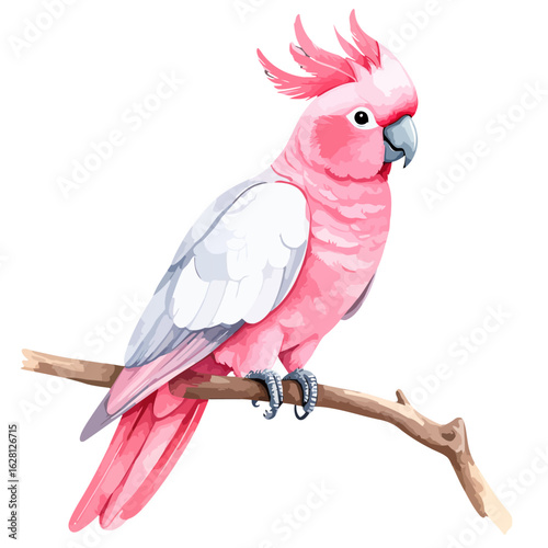 Beautiful pink cockatoo with a spiky crest and grey wings, perched on a tree branch illustration.