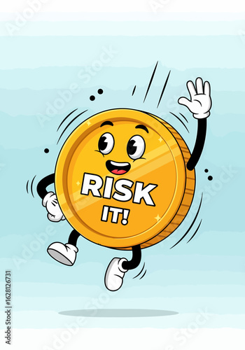 Cartoon gold coin character with arms and legs jumping with joy on a light blue background