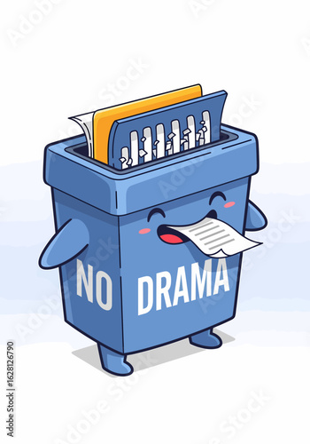 Happy cartoon paper shredder with arms and legs destroying documents with a cheerful expression and the words NO DRAMA on its front