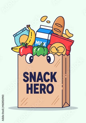 Cute cartoon shopping bag overflowing with various healthy and unhealthy snacks with big eyes and a friendly expression