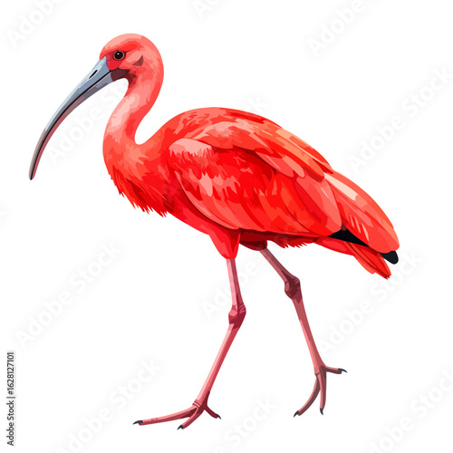 Vibrant Scarlet Ibis Standing, Featuring Long Curved Bill and Red Plumage