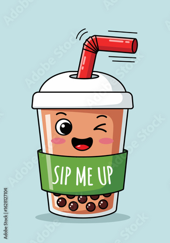 Cute happy boba tea character winking with a straw and text sip me up