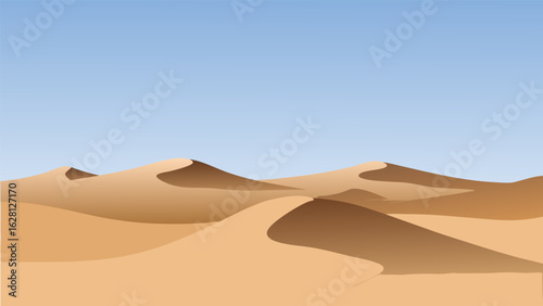 Stylized vector illustration of rolling sand dunes under a clear pale blue sky