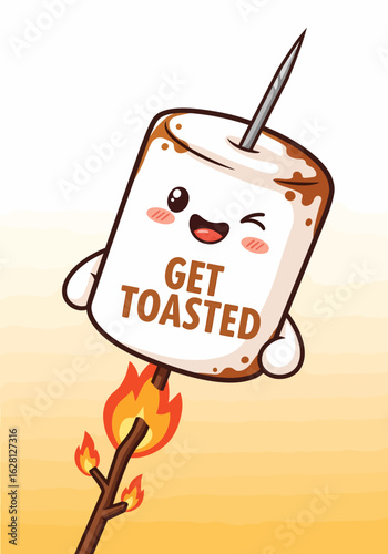 Cute cartoon marshmallow character with happy face getting toasted on a campfire stick with text get toasted