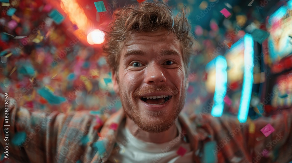 Obraz premium A gambler celebrating a jackpot win at a slot machine with confetti falling