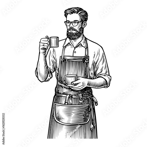 Barista in apron holding coffee cup and tasting beverage thoughtfully  