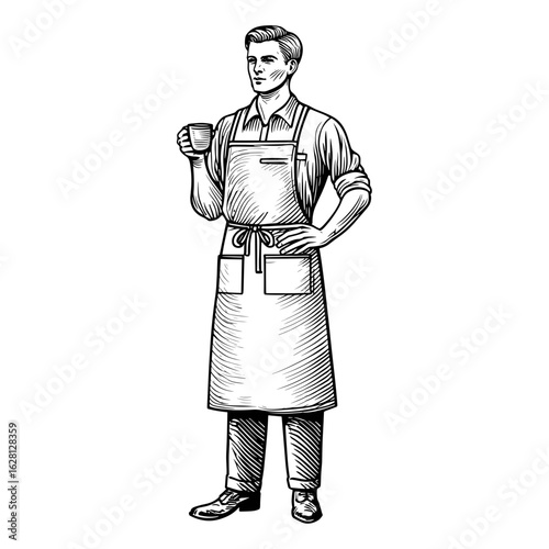 Barista standing and holding a coffee cup with apron and smile  