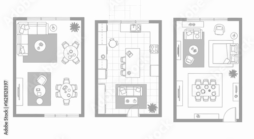 Interior design floor plans showing living room dining area and kitchen layouts