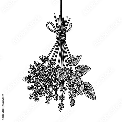 Bundle of dried herbs tied with string hanging upside down  