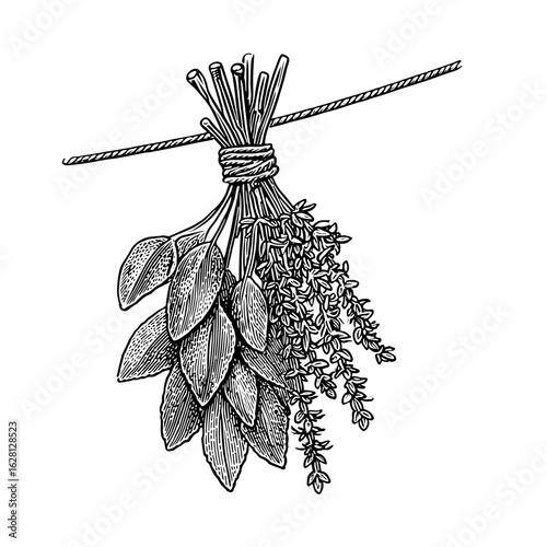 Bundle of dried herbs tied with string hanging upside down  