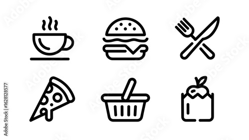 Doodle line art icons of coffee cup, burger, fork and knife, pizza, shopping basket and shopping bag

