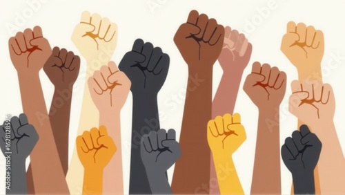 Diverse raised fists in solidarity conveys a powerful message of unity and empowerment visually