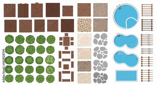 Top view of outdoor elements including wooden decks swimming pools garden furniture trees and decorative stones for landscape design