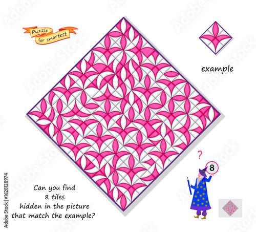 Can you find 8 tiles hidden in the picture that match the example? Logic puzzle game for children and adults. Game Seek and Find. Task for attentiveness. Brain teaser book. Vector image.