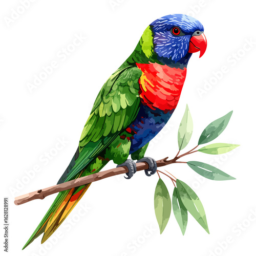 Vibrant Rainbow Lorikeet Perched on Branch, Colorful Bird Illustration