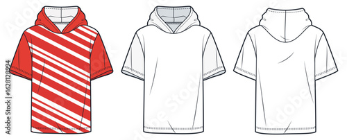 Short Sleeve Hoodie with Diagonal Stripes technical fashion Illustration. Tee Shirt fashion flat technical drawing template, relaxed fit, front and back view, white, red, women, men, unisex CAD mockup