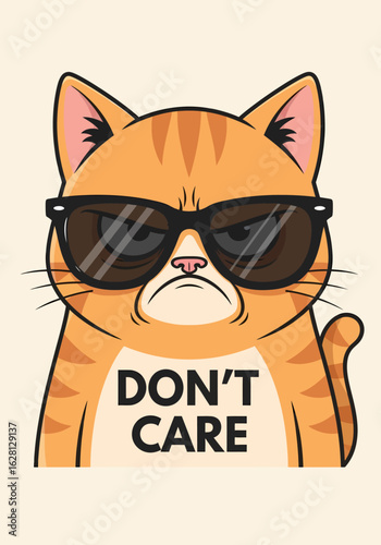 Grumpy ginger tabby cat wearing sunglasses and looking unimpressed with a dont care attitude
