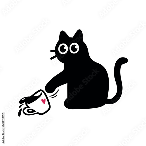 Funny Cartoon Black Cat Knocking Over a Coffee Cup