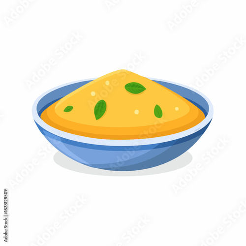 Bowl of yellow cream soup or porridge with fresh herb garnish vector illustration