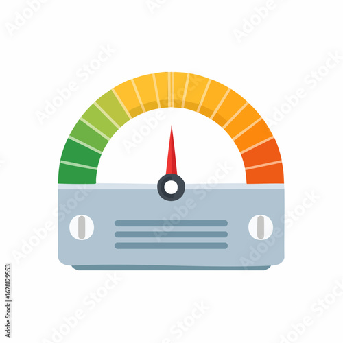 Colorful measurement meter with red needle indicating medium level or average performance gauge icon