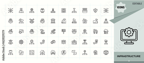 Infrastructure line icon set. Icons for UI designs. Contains outline symbols like engineering, urban, transport, building. Art and illustration. Building icon set.