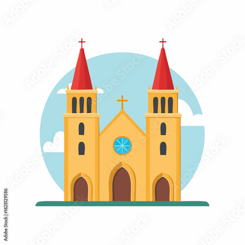 Illustration of a yellow church with two red steeple towers and crosses