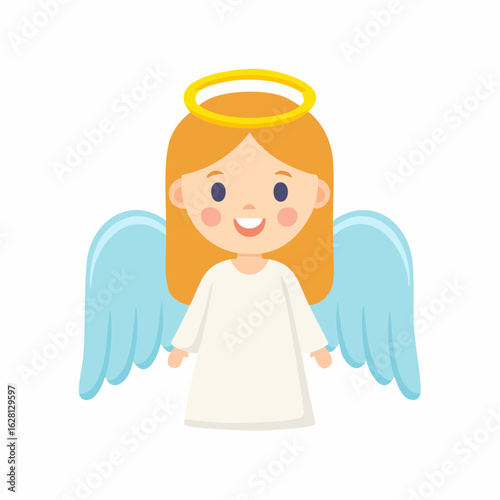 Cute cartoon angel girl with a golden halo and blue wings smiling happily. Adorable character illustration for holidays.