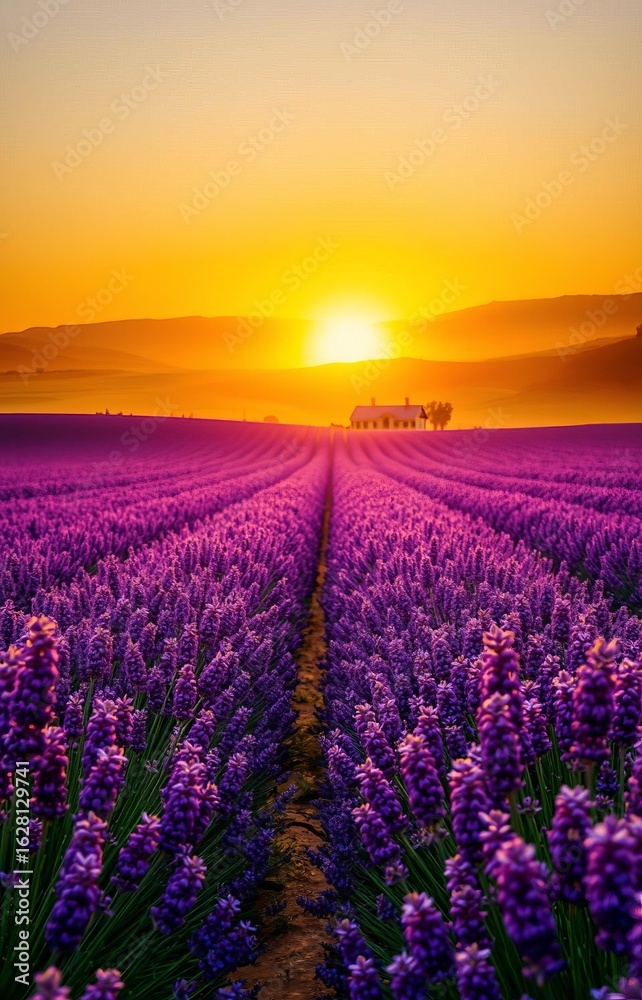Obraz premium Breathtaking sunset over a vast lavender field with vibrant purple blooms under an orange sky