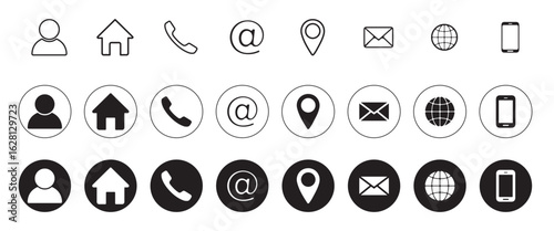 Communication and Business Card Icon Vector Set. Containing contact information, name, address, phone, e-mail, location, website, telephone, mail and more.