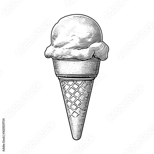 Vintage sketch of ice cream cone with scoop on textured background  