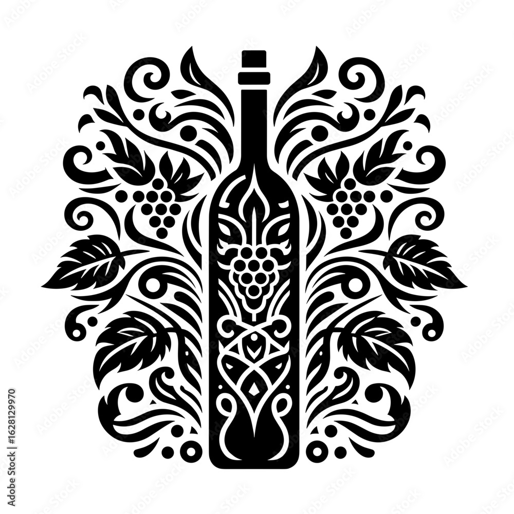 Fototapeta premium Bottle of wine surrounded by decorative grapevine silhouette