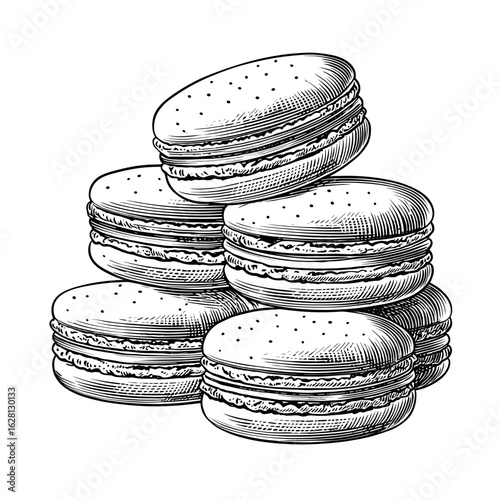 Vintage French macaron cookies stacked on white background  