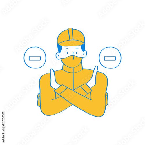 Stop. Person wearing a mask and hard hat making a stop gesture isolated on transparent background.