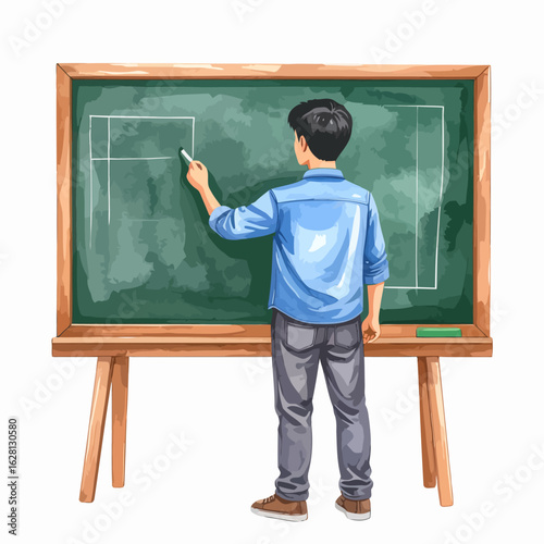 Young Man in Blue Shirt Writing on Green Chalkboard with Chalk