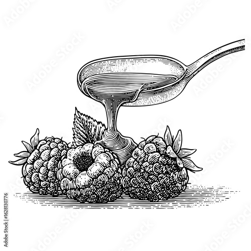 Raspberry sauce drizzling from spoon onto fresh raspberries  