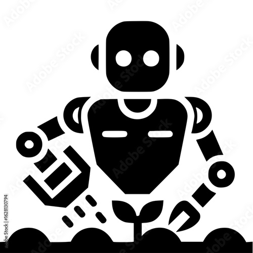 Precision Agriculture with a Robotic Gardener: Witness a sleek, modern robot tending to a delicate seedling.