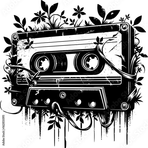 Nostalgic Cassette Tape with Nature: A detailed black and white illustration of an old cassette tape, entwined by organic plant life, representing a harmonious blend of technology and nature.