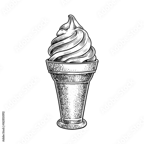 Soft serve ice cream in a cone with detailed engraving style  