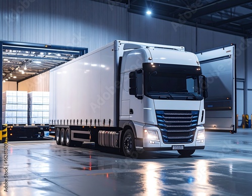Loading cargo truck at warehouse, logistics and transportation process visualized