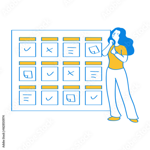 Planning. Woman planning with a kanban board isolated on transparent background.
