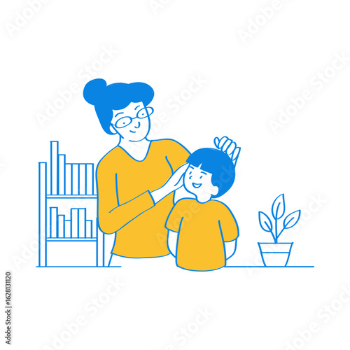 Parenting. Grandmother combing grandson s hair with bookshelf and plant isolated on transparent background.