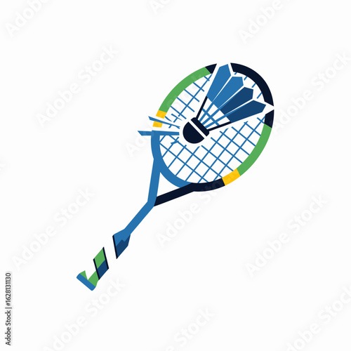 Blue badminton racket with shuttlecock in its strings on a white background