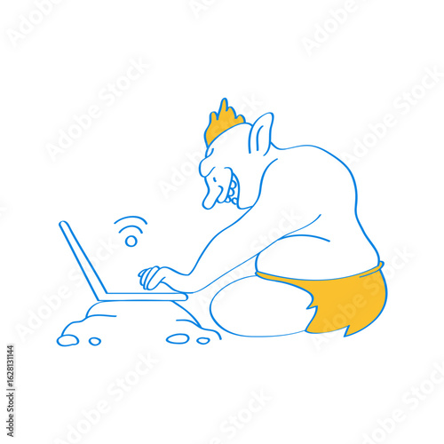 Online Troll. Cartoon troll using a laptop with wifi signal isolated on transparent background.