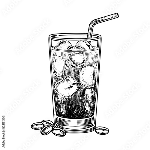 Illustrative glass of iced coffee with straw and coffee beans  