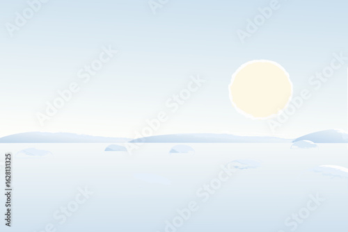 Minimalist arctic landscape with a pale sun rising over snow covered hills and ice formations