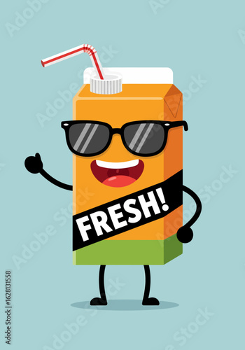 Cute orange juice carton with sunglasses and a straw waving happily