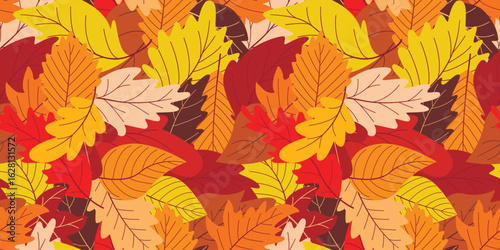 Bright colorful autumn foliage continuous background. Simple pattern of red, orange, yellow, brown leaves. Fall print for textile, background, packaging, autumn warm mood design, vector graphic