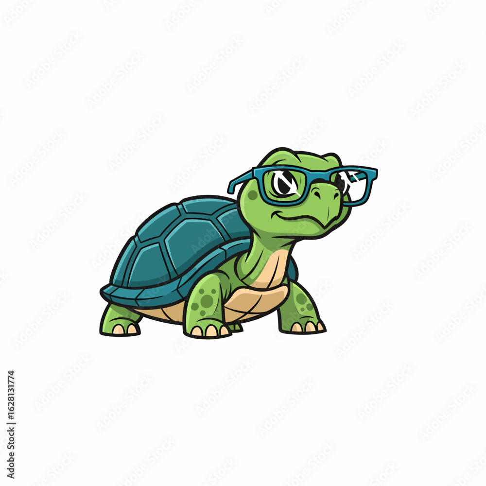 Fototapeta premium A cute cartoon tortoise wearing blue framed glasses with a curious expression