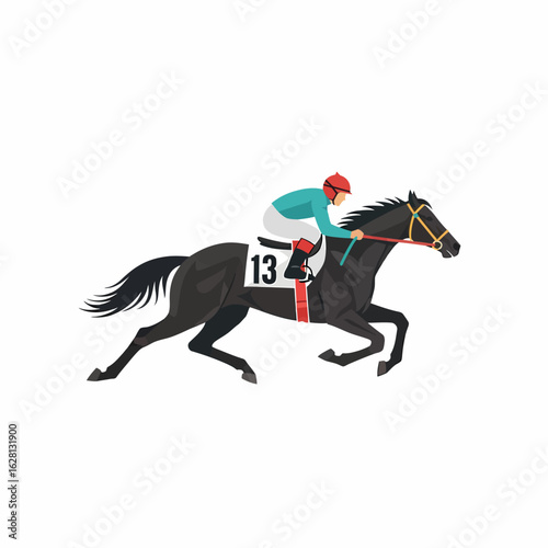 A jockey wearing a red helmet and blue shirt rides a dark horse with number thirteen on its side in a race